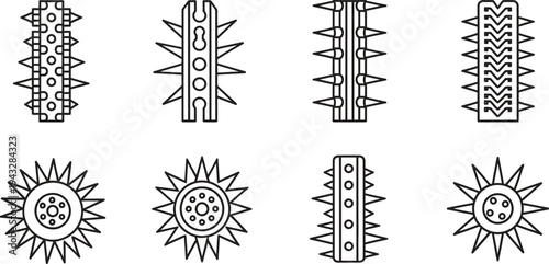 Set of spiked and studded object icons in a clean outline vector style perfect for gaming UI security warnings or industrial design projects
