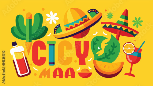 Vibrant mexican food and drinks illustration with cactus, sombrero, and more Vector