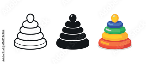 Set of three stacking ring toys: outline, solid silhouette, and colorful isometric illustration