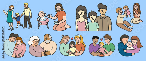 Illustrations of diverse families: parents with children, couples, and grandparents. Family diversity, children, parents, and grandparents depicted in each scene. Character element vector set.
