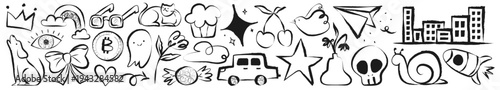Doodle collection with Bitcoin, skull, dog, cat, rocket, moon, cherries, heart, cityscape, glasses, and ghost. Fun, quirky, and playful doodles. Cute element vector set.