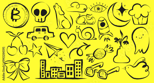 Playful doodles on yellow: dog, cat, rocket, moon, ghost, skull, and more. Fun, quirky, and creative doodles with stars, hearts, and animals. Cute element vector set.