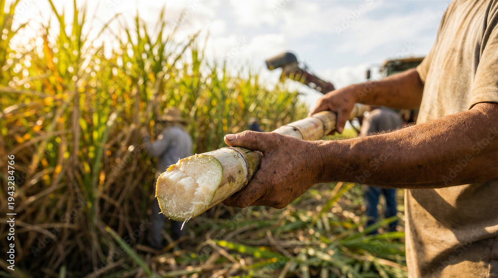 Naklejka premium A farmer's weathered hands hold a freshly cut sugarcane stalk in a sunny, vibrant field.