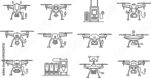 Set of minimalist drone and UAV icons featuring various quadcopter models and charging stations in a clean outline style ideal for technology apps and web design