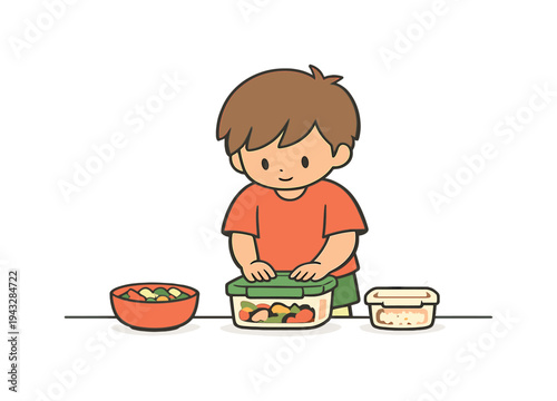 Cute cartoon boy packing healthy food into lunch boxes for school or picnic
