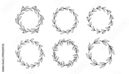 A set of six delicate floral wreath illustrations with leaves and branches
