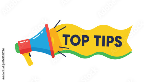 Vibrant megaphone illustration with top tips banner in bold colors