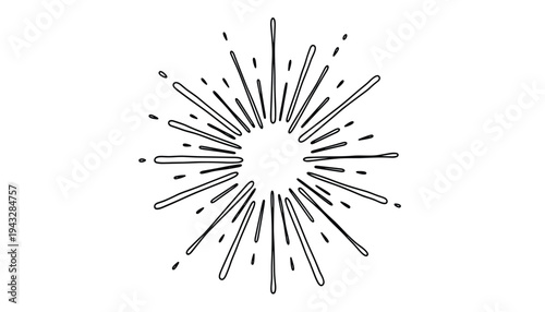 A black and white illustration of a stylized explosion or burst of energy with radiating lines and dots on a plain background