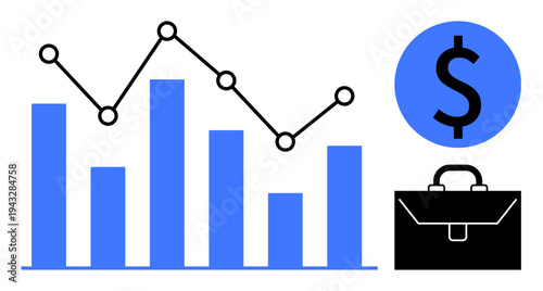 Business analytics, financial planning, investment strategy, market trends, economic growth, and sales performance. Bar and line graphs, dollar symbol and briefcase. Business analytics and financial