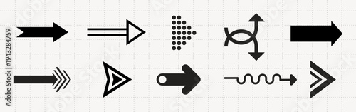 Set of black arrow icons. Arrows pointing in various directions. Curved arrows, straight arrows, and crossed arrows. Simple arrow designs in black. Element vector set.