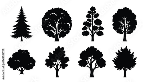Collection of eight different tree silhouettes in black on a white background