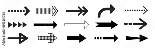 Set of black arrow icons. Arrows pointing in various directions. Curved arrows, straight arrows, and crossed arrows. Simple arrow designs in black. Element vector set.