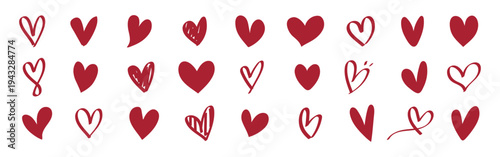 Collection of red heart doodles in various styles. Red hearts in different shapes and patterns. Playful heart doodles for creative designs and love themes. Valentine's element vector set.