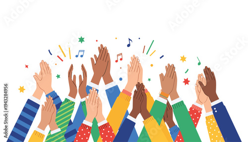 Diverse group of people clapping together in celebration with colorful confetti and music notes