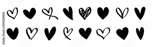 A collection of black heart icons in various styles. These heart icons vary in shape and design, offering a diverse selection of heart symbols for creative use. Valentine's element vector set.