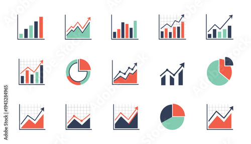 Collection of 14 various colorful graph and chart icons for data analysis and business presentations