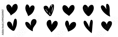 A row of black hearts, each heart unique. Black hearts in a line, one heart stands out. Black hearts pattern, simple and bold. Heart design in black. Valentine's element vector set.