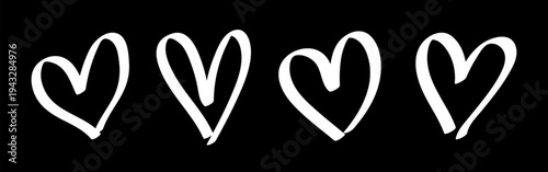 Four hand-drawn hearts in a row on a black background. Simple heart design, repeated heart shapes, emphasizing love and creativity. Heart motif in white. Valentine's element vector set.