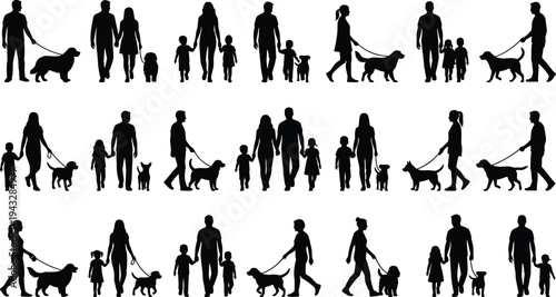 Large set of black silhouettes featuring men, women, and families walking dogs on leashes, isolated on white background for design.