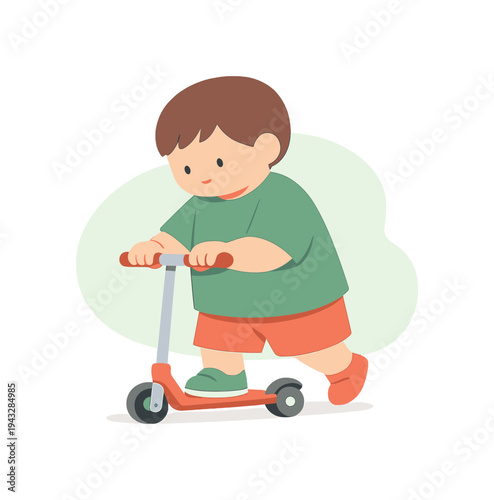 Child Scooter Practice. Nearby child practices pushing a scooter again, slow rhythm forming, wheels steady, posture relaxed with