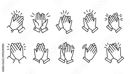 A set of nine different hand clapping illustrations in a minimalist line art style with motion lines to indicate movement and applause