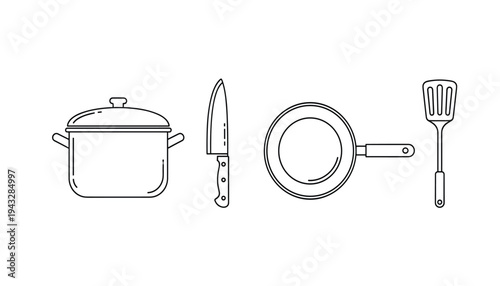 Kitchen utensils and cookware line icons