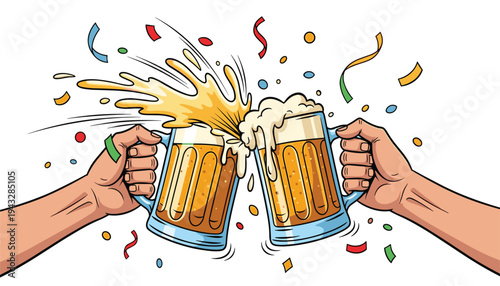 Two beer mugs clinking with splash and confetti festive celebration illustration vector