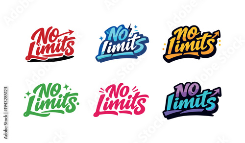 Seasonal holiday banner with promotional slogan presenting modern lettering logo set for No Limits, empowerment-inspired