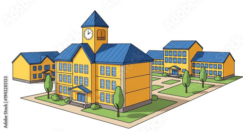 School Building with Clock Tower.