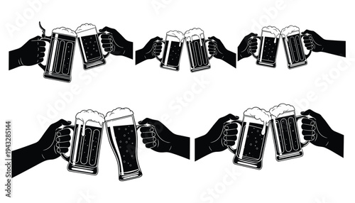 Beer Mug Cheers Illustration Set, Hands Toasting Beer Glasses Celebration Line Art Icons