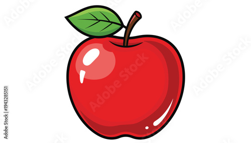 Fresh Red Apple Cartoon Illustration with Leaf, Healthy Fruit Icon in Clean Vector Style
