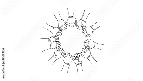Circle of Raised Fists Unity Concept Line Drawing, Protest Solidarity and Team Strength Illustration