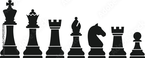 Black chess pieces silhouettes set including king, queen, rook, bishop, knight, and pawn icons, isolated on white background for strategy design.