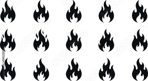 Collection of Black Fire and Flame Silhouette Icons. Minimalist Vector Set for Bonfire, Heat, Danger Warning, Energy, Passion, Hot Temperature, and Flammable Sign Design Elements. Isolated on White.