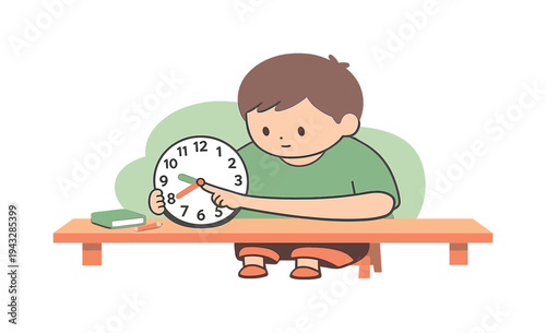 Cute cartoon child learning to tell time on a clock at a desk with books and pencils