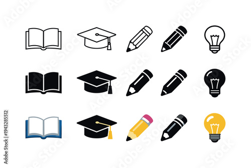 Book for structured knowledge, graduation cap for academic achievement, pencil for active learning, and light bulb for innovative