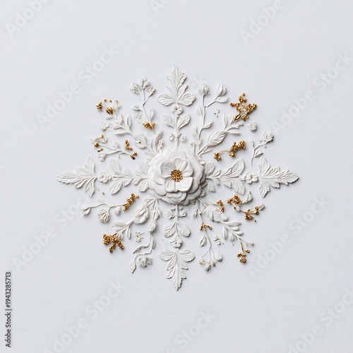 Elegant white floral relief ornament with gold high resolution picture
