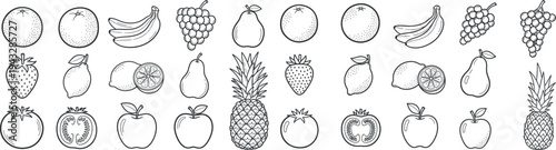 Hand Drawn Fresh Fruit Outline Vector Set. Sketch Style Illustrations of Apple, Banana, Orange, Grapes, Strawberry, Pineapple, Lemon, and Tomato for Healthy Diet, Vegan Food, Grocery, and Menu Design.