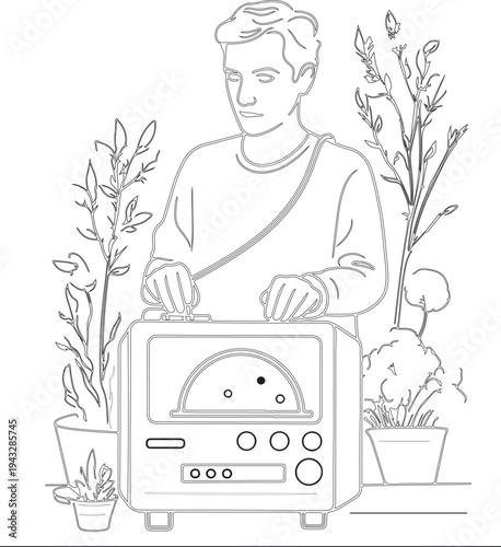 Man Listening to Vintage Radio in Garden