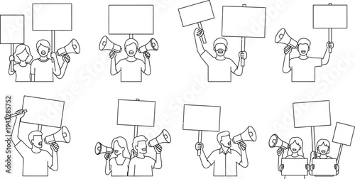 Collection of minimalist line art illustrations featuring diverse people protesting with blank placards and megaphones perfect for social activism human rights and communication designs