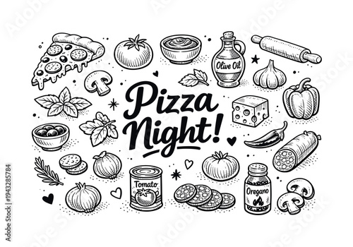 Favorite pizza night ingredients, hand drawn doodle elements set, center hand-lettered title, black & white vector line art, bold