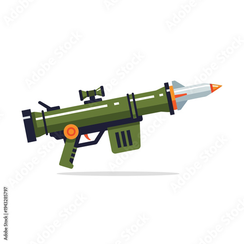 Green Rocket Launcher with Missile, Military Weapon, Combat Equipment, Vector Illustration
