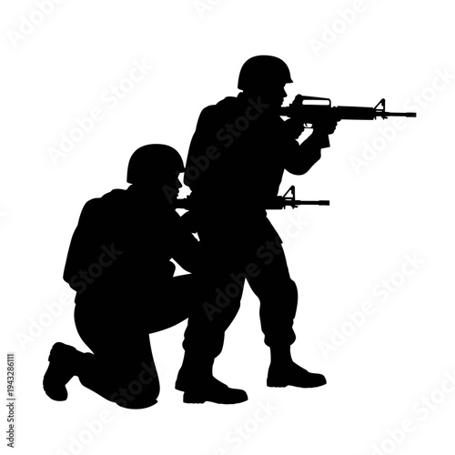 Military soldiers in tactical gear aiming rifles in silhouette