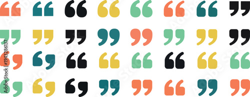 Colorful Quotation Mark Icons Set. Vector Speech, Citation, Dialogue, and Communication Symbols in Various Flat Styles. Typographic Design Elements for Testimonials, Feedback, Reviews.