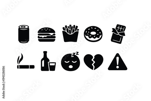 Unhealthy lifestyle icons: fast food, alcohol, smoking and sugar
