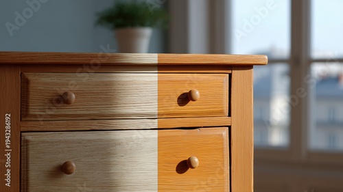 Restaurierung einer Vintage-Kommode in einer Berliner Werkstatt: Vorher- und Nachher-Verwandlung mit warmen Holztexturen.