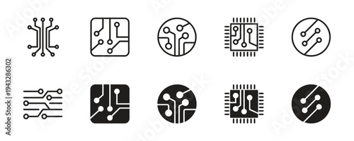 Variety of electronic circuit and processor icons in outline and solid styles