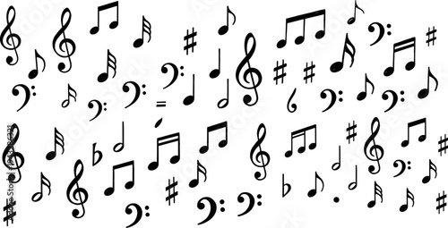 Black Musical Notes and Clefs Silhouette Collection. Vector Treble Clef, Bass Clef, Sharp, Flat, and Melody Symbols. Audio, Sound, Song, and Entertainment Design Elements Isolated on White Background
