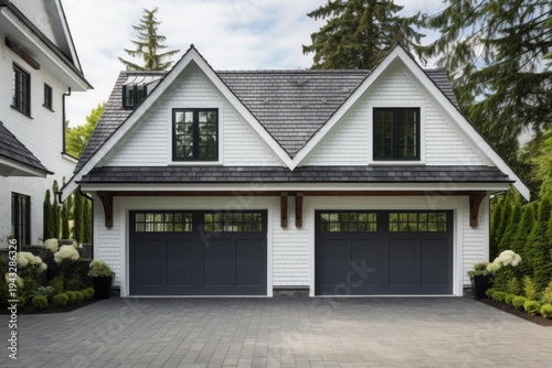 White shingle siding garage featuring black garage doors and a paved driveway