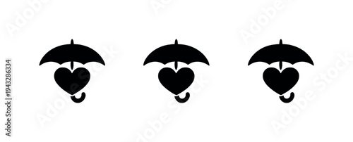Three stylized hearts under umbrellas, symbolizing protection and love in a minimalist design
